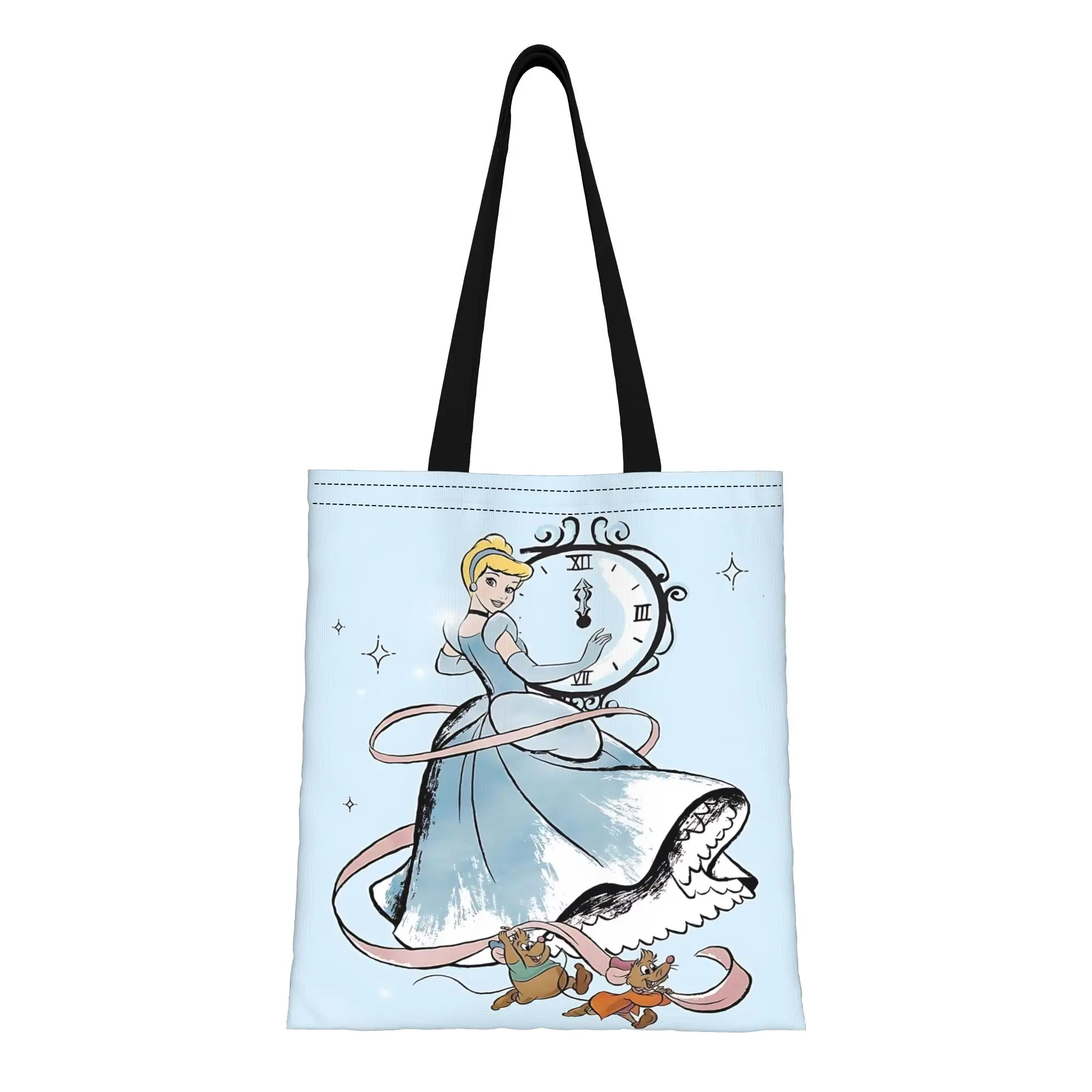 

1PC back to school Large Capacity Disney Cartoon Cinderella Blue Disney Princess Canvas Tote Bag Foldable Chic Pattern Gifts