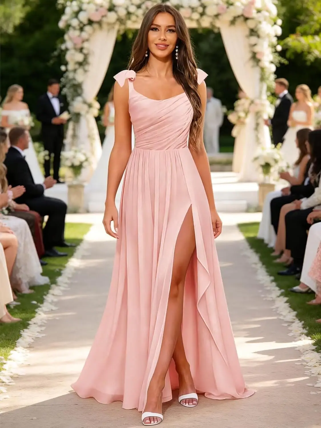 

Chiffon Spaghetti Straps Ruched Bust Long Formal Prom Wedding Guest Gown Square Neck Bridesmaid Dress with Ruffle Slit