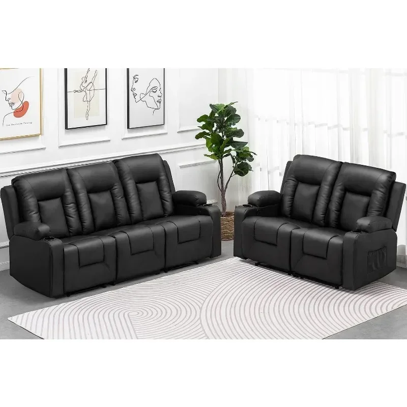 Recline Chair Set，Furniture 2PC Bonded Leather Recliner Set Living Room Set, Sofa, Loveseat