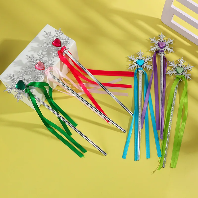 Toddler Girls Snowflake Magic Wand with Long Ribbons Children Blue Heart Stone Fantasy Cosplay Prop Princesss Cosplay Fairy Wand