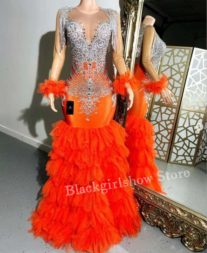 Gorgeous Orange Diamante Mermaid Prom Dress 2024 For Women Shiny Silver Crystal Beaded Fringe Lace Cake Dress Dresses gala