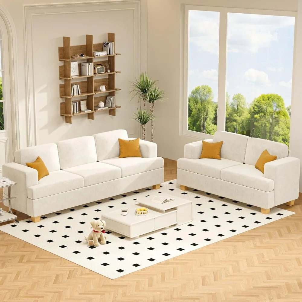 

Cloud Sofa Living Room Furniture Set, Including A Two-seater and A Three-seater Sofa, Comfortable Chenille White Sofa