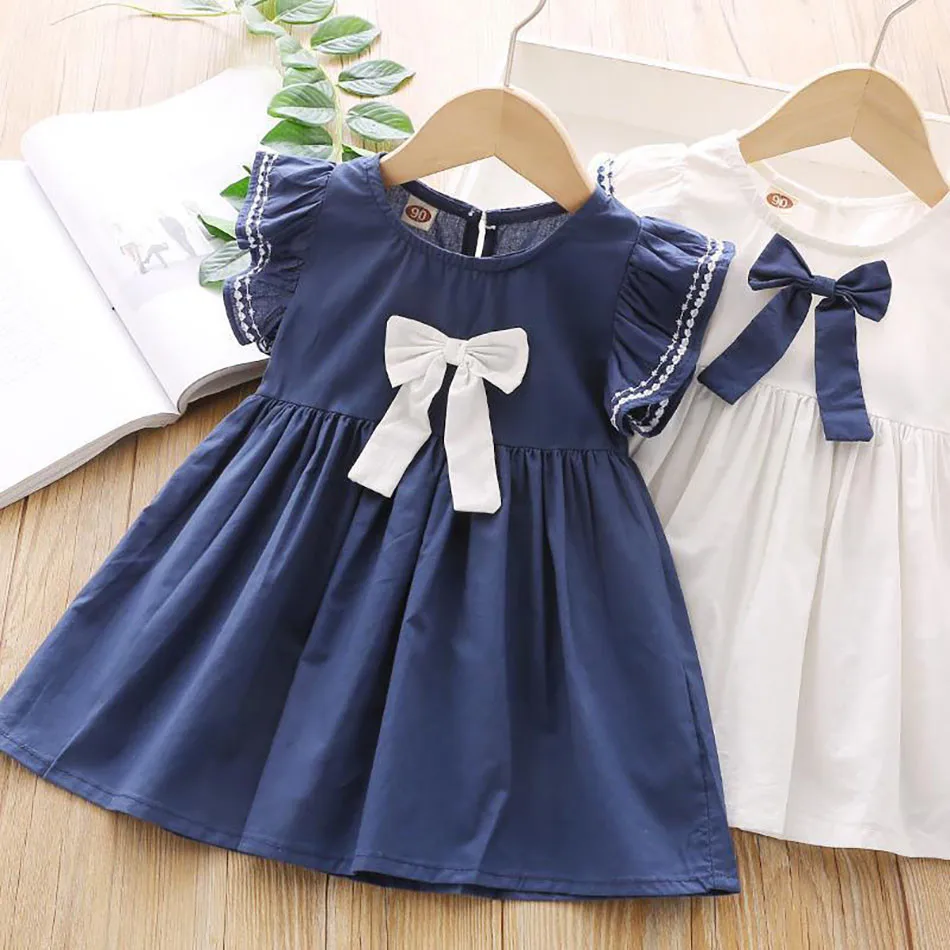 2024 Summer Fashion Girls A-Line Casual Dress with Cute Bow Children Comfortable Short-Sleeve School Clothes for Young Girls