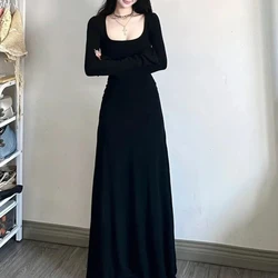 Intellect Winter Square Collar Long Sleeve Dress Women Autumn Elegant Temperament Corset Elastic All-match Black Tight Dresses