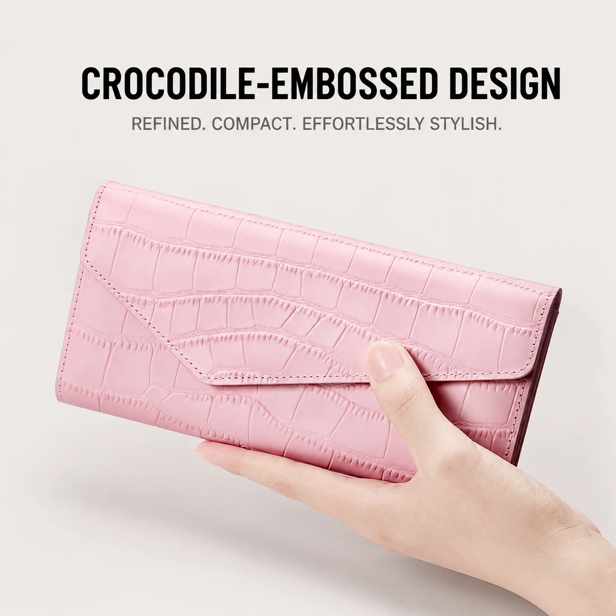 Genuine Leather Women's Long Wallet Crocodile Embossed Large Capacity Trifold Clutch Purse Card Holder Elegant Money Organizer