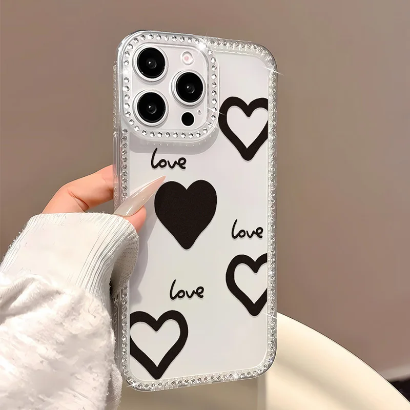 

Glitter Love Heart Silicone Phone Case For iPhone 17 16 13 15 11 12 14 Pro Max 17 Air Diamond Shockproof Transparent Soft Cover