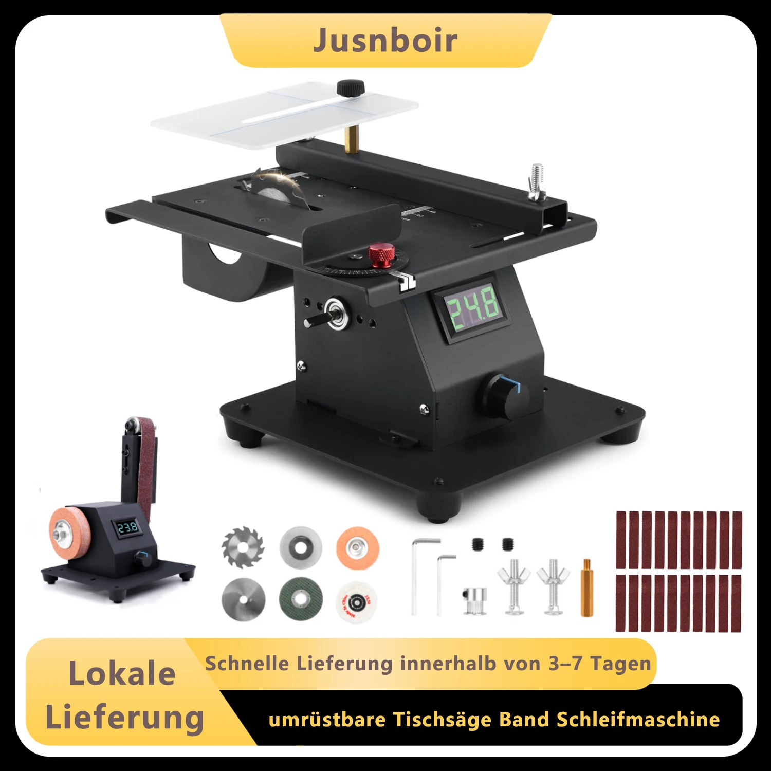 Image of 350W Mini Band Schleifmaschine, umrüstbares Tischsäge Kit, elektrische Schleifmaschine, stufenlose Geschwindigkeitsregelung, inklusive 10 Schleifbändern und 4 Sägeblättern, geeignet zum Schleifen von