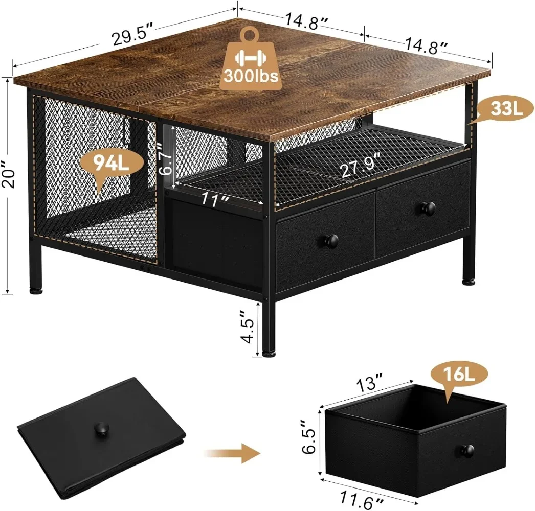 Farmhouse Coffee Table, Square Coffee Table for Living Room, Wood Center Table with Storage Drawer and Shelf, Flip Top Lids