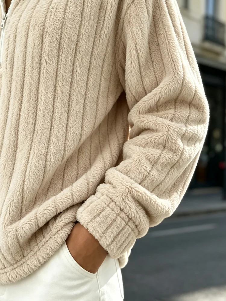 Damen-Fleece-Sweatshirt mit halbem Reißverschluss, gerippt, flauschig, Plüsch-Pullover, Reverskragen, lange Ärmel, lockerer Schnitt, lässiges Winter-Oberteil – Detail 3