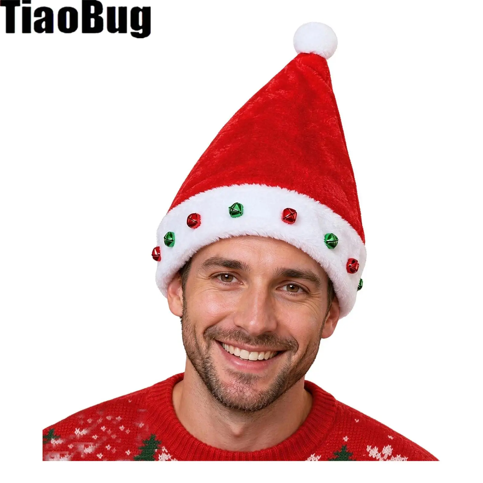 Gorro de Papá Noel de terciopelo con ribete blanco, pompón y cascabeles, ideal para la decoración de fiestas navideñas y como accesorio festivo para el Año Nuevo.
