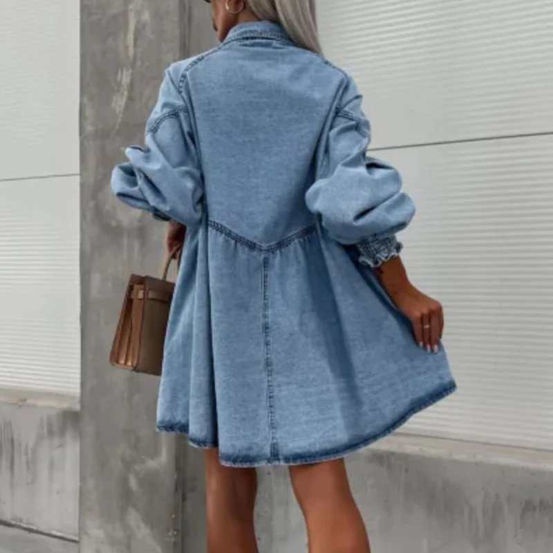 Fashion Lady Lapel High Waist Denim Dress Casual Long Sleeved Pocket Pleated Dress Autumn Retro Single Breasted Commuting Dress