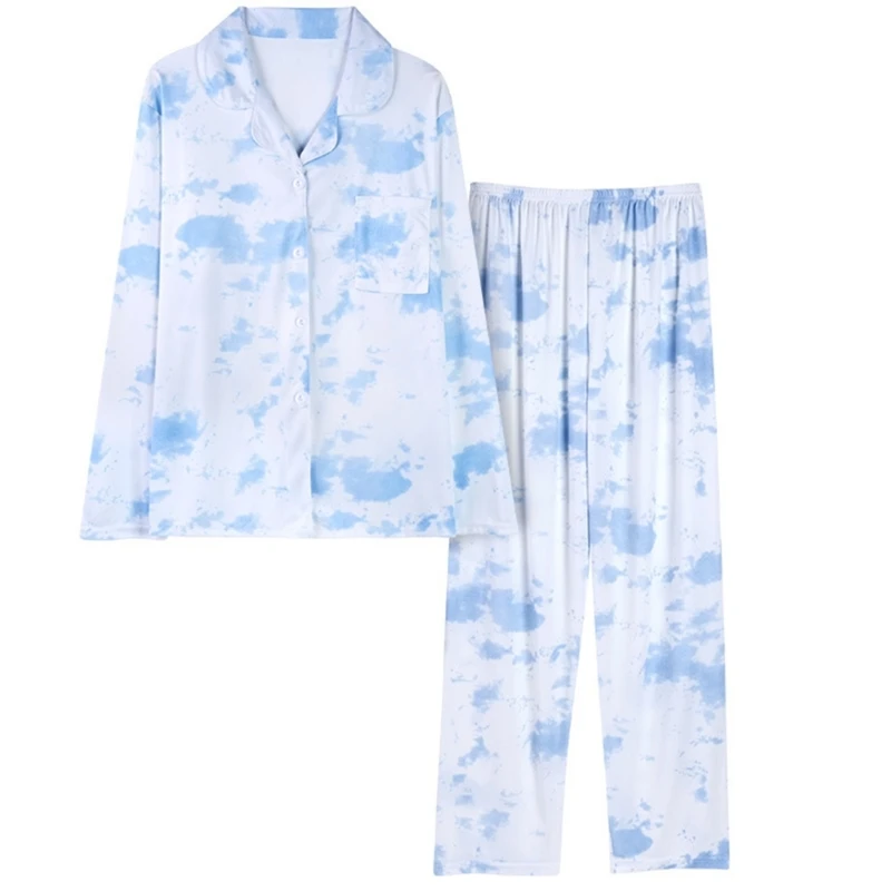 M2EA Womens Autumn 2 Pieces Colorful Pattern Long Sleeve Button Down Shirts and Loose Pants Pajamas Set Sleepwear Nightwear