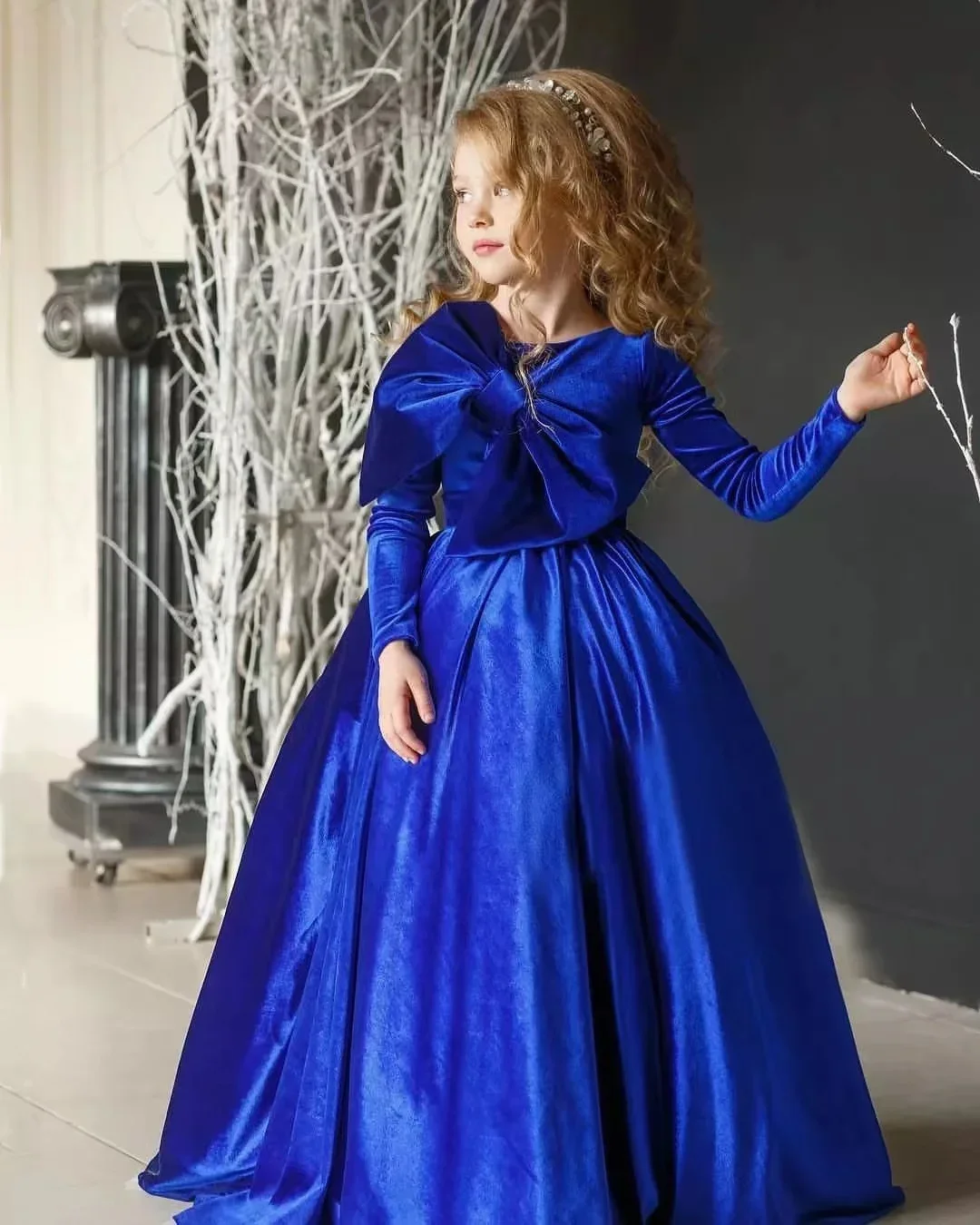 

Vevelt New Flower Girl Dresses Blue Princess Long Sleeves Bowtie Flowers Cute Christams Party Dresses Pageant Ball Gown