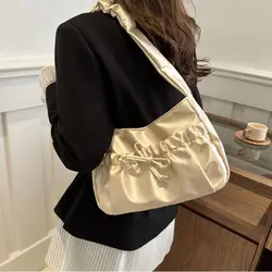 Satin Pleated Hand Bag Casual Korean Style Portable Fashion Underarm Bag Luxury Bow INS Shoulder Bag Travel