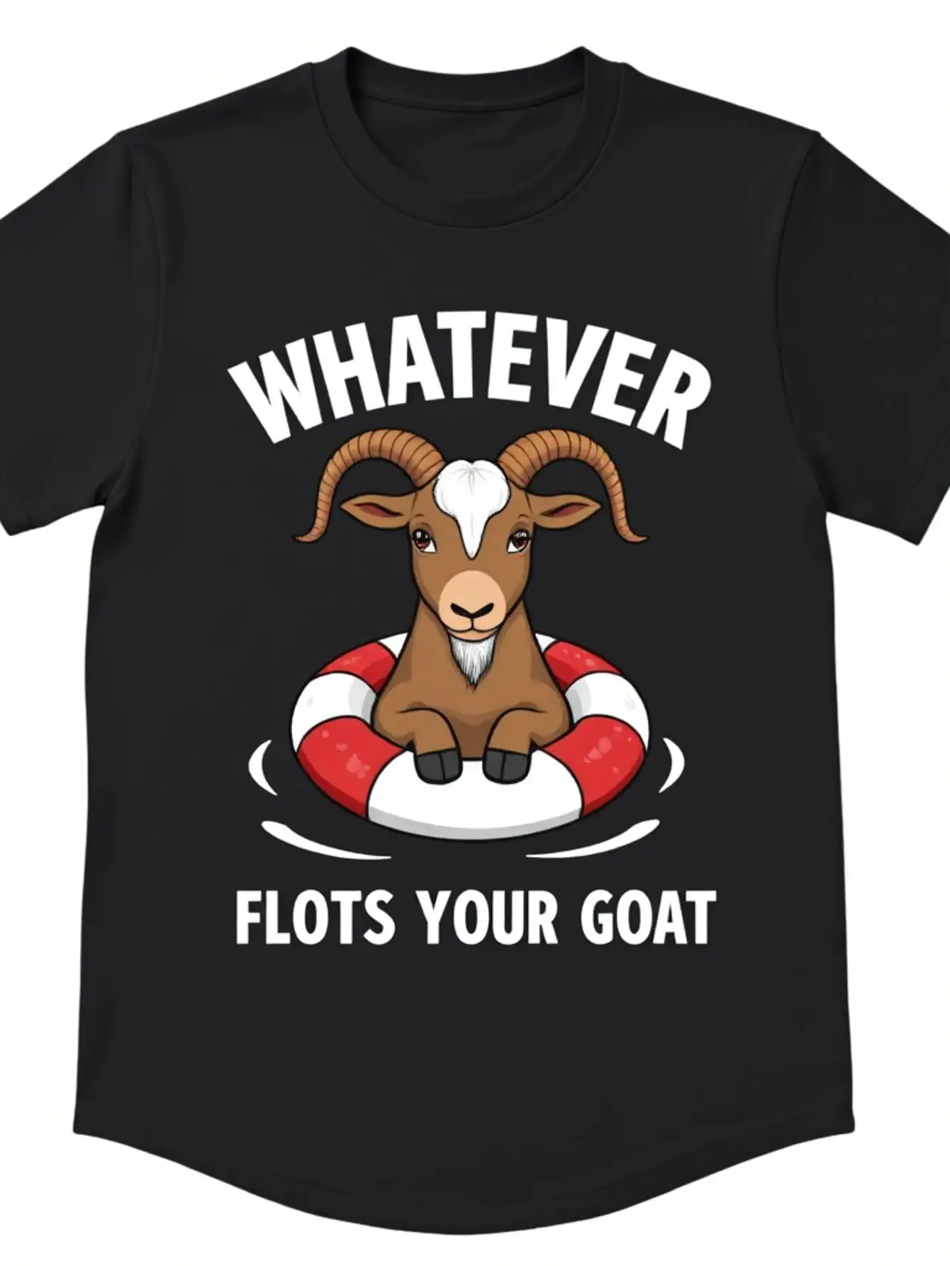 Funny Men's Black Graphic T-Shirt Goat Life Preserver Whatever Flots Your Goat Bold Letter Print 100% Cotton Heavyweight Short Sleeve Casual Streetwear Tee