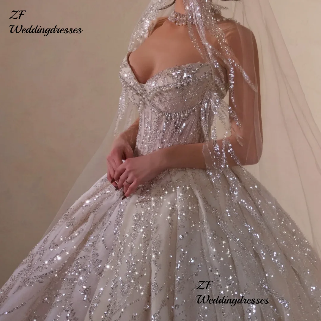 Customized  Wedding Dresses Sequins  Pearls Bridal Ball Gowns Strapless Sleeveless Princess Bride Dress Vestidos De Novia