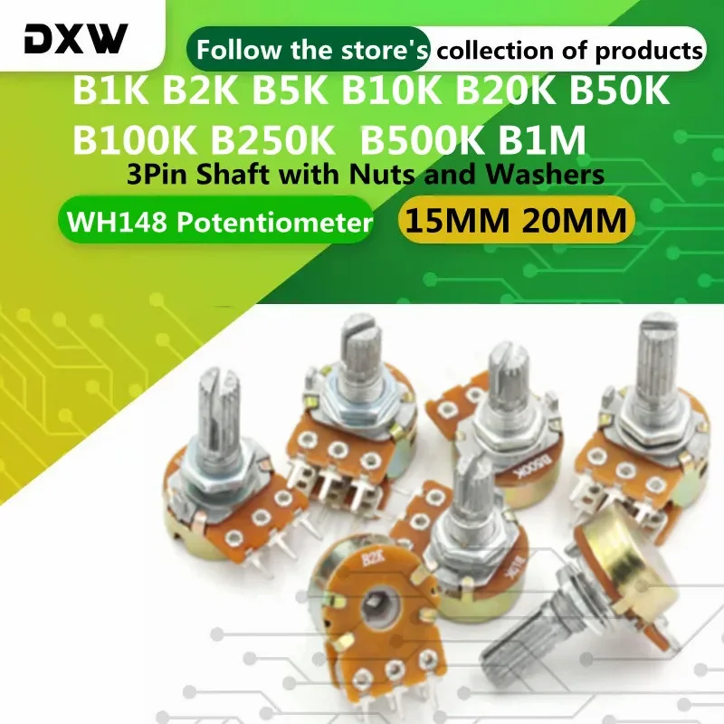 5pcs WH148 Potentiometer 1K 2K 5K 10K 20K 50K 100K 250K 500K 1M 15MM 20MM 3Pin Shaft with Nuts and Washers Potentiometers Kit