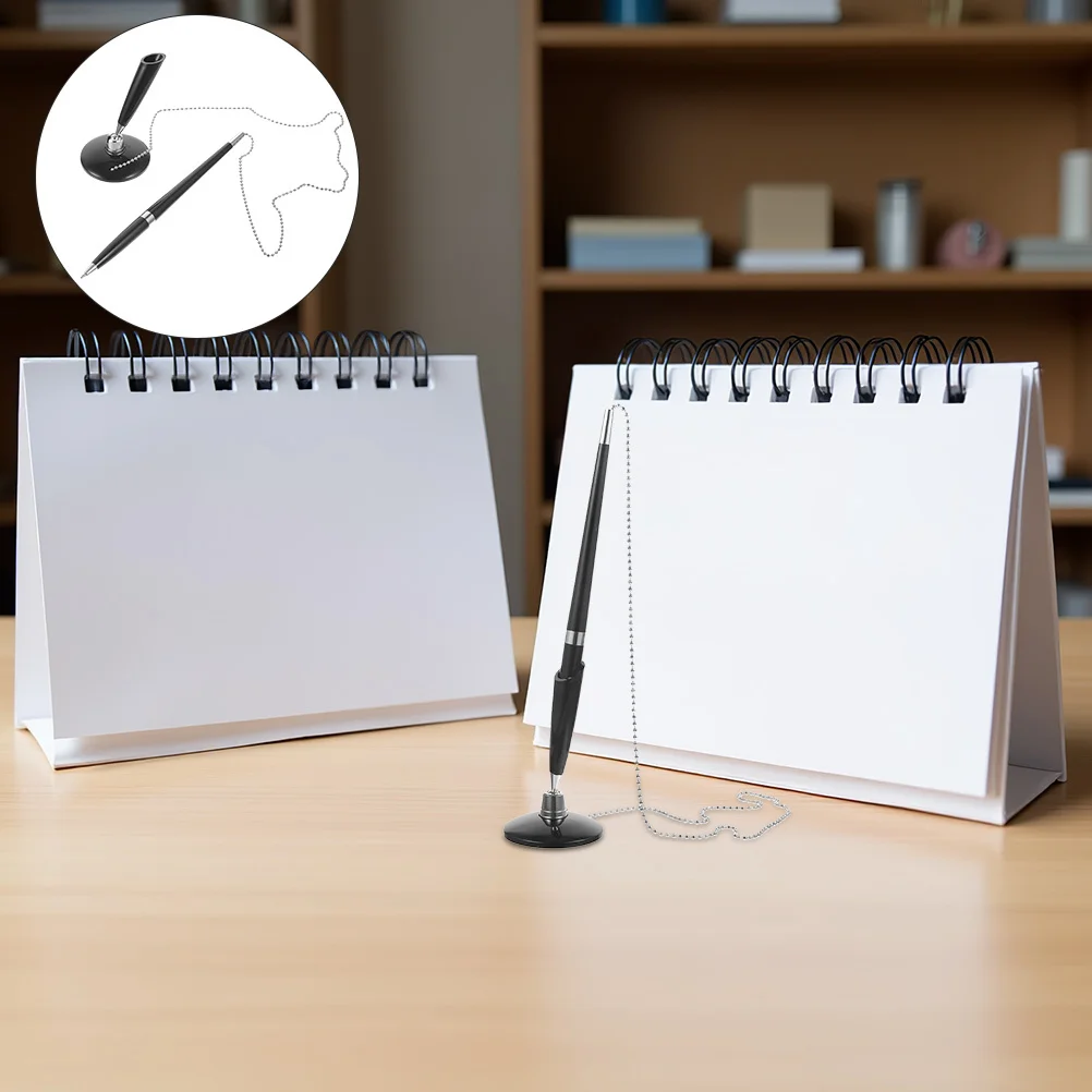 

6pcs Black Ballpoint Pen Set With Chain Secure Desk Holder 360° Rotating Stand For Office Bank Reception Counter Stationery