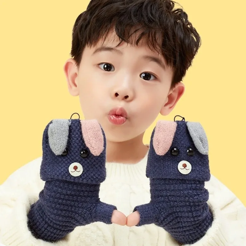 Winter Warm 4-8 Years Old Children Cartoon Cute Fashion Male and Female Students Knitted Half-finger Writing Gloves