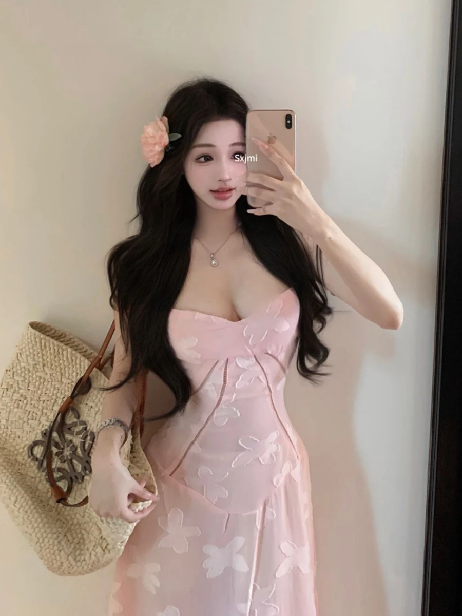 ReddaChic Abito lungo maxi da donna strutturato con fiori ricamati, cinturino per spaghetti, vestibilità svasata, abito da festa con lacci, abiti da sposa