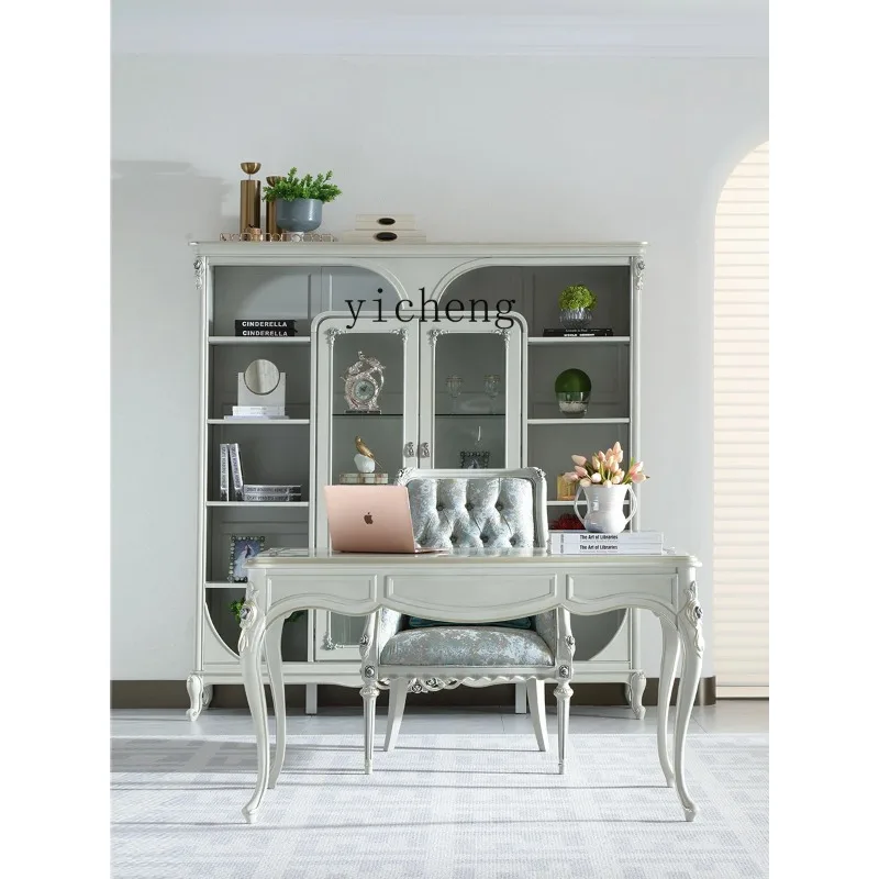 CZ-27 Solid Wood Desk And Chair Carved Office Bookshelf Set