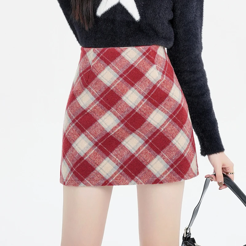 

High Waist Vintage Red Plaid Woolen Short Pencil Skirt For Woman 2023 Autumn Winter Casual Slim Mini Saias Female