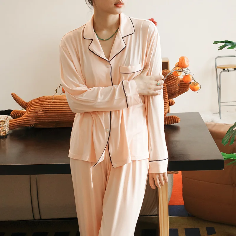 

Женский комплект пижамы из модала: рубашка с длинными рукавами и брюки, домашняя одежда для женщин, весна-осень, комфортная, мягкая, для сна и отдыха