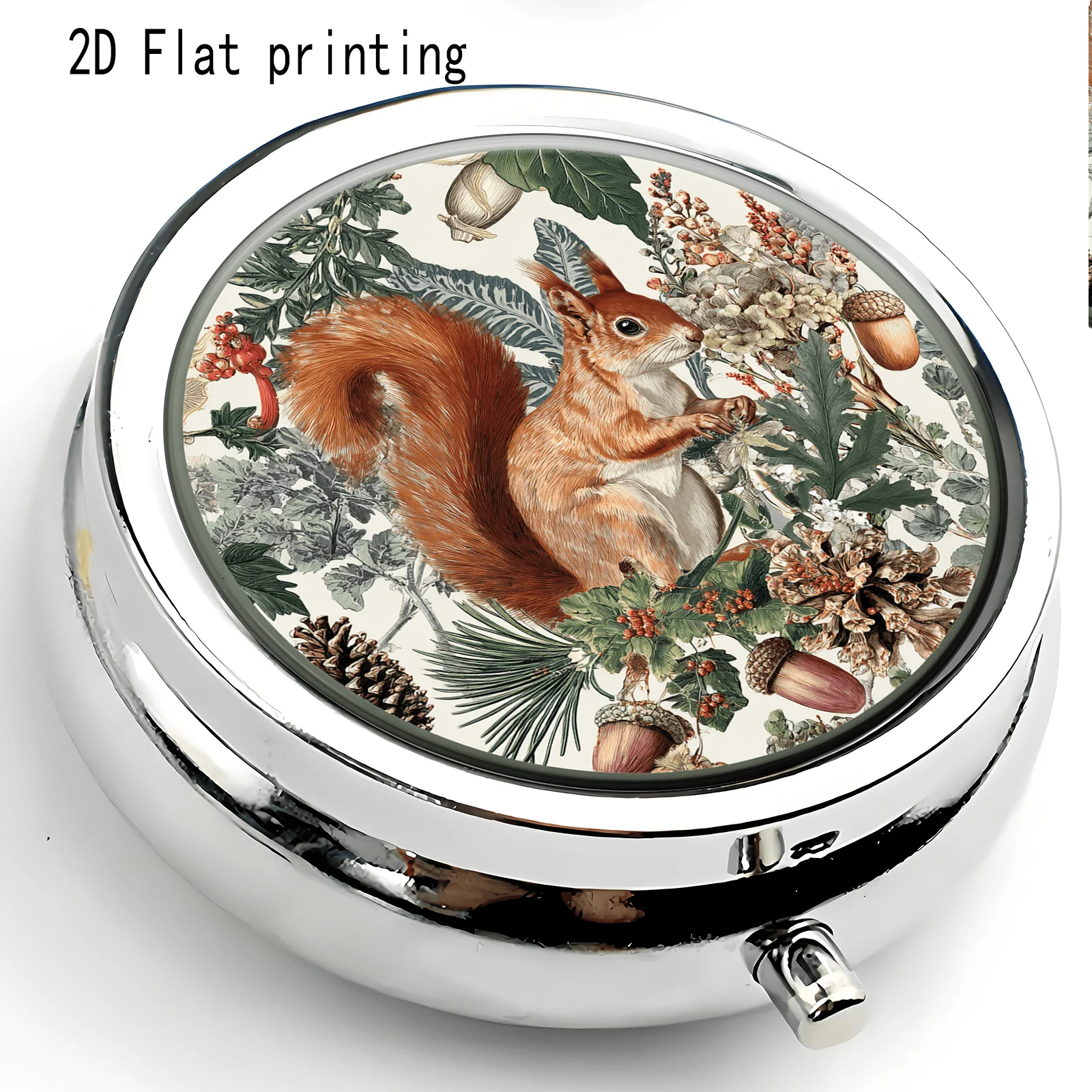 Forest-Style Engraved Red Squirrel Nut Plant Pattern, Round Three-Compartment Small Medicine Box, Portable Medicine Storage Box, Small Jewelry Storage Box, Suitable for Handbags or Travel, Holiday Gifts, Souvenirs, Prizes, Small Gifts, Suitable for Personal Use or as an Exquisite Gift Option
