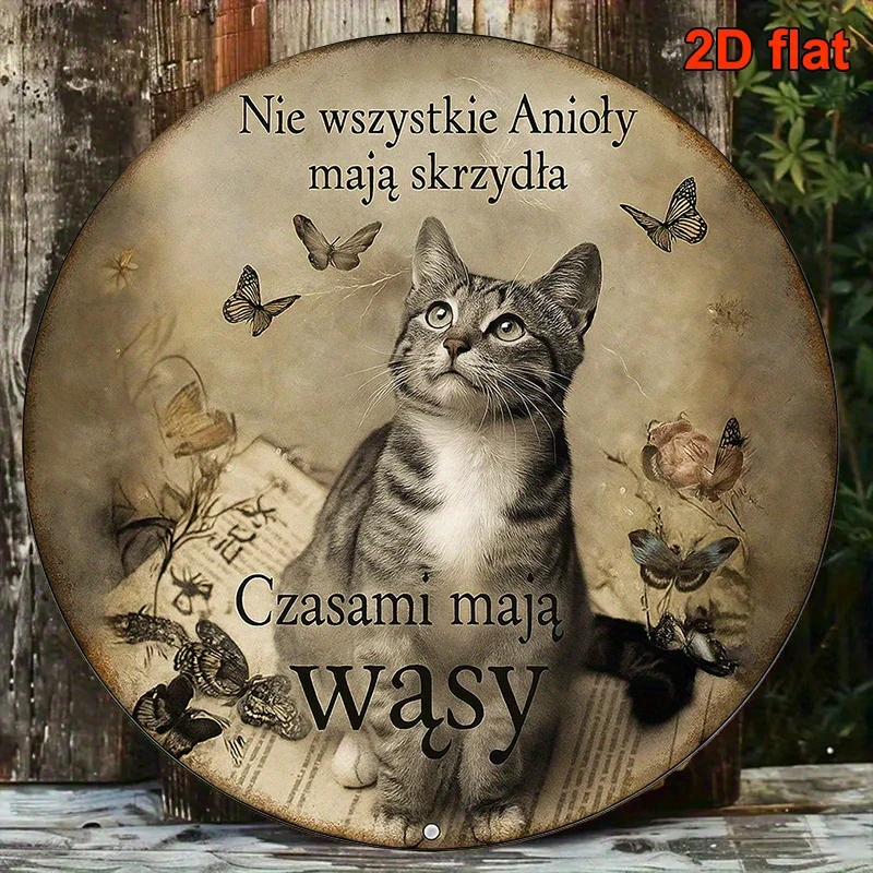 1pc Angel Cat Metal Wall Art Wooden Sign - 7.87x7.87 Inch Durable 2D Flat Print with Tabby Cat & Butterflies Creative Gifts