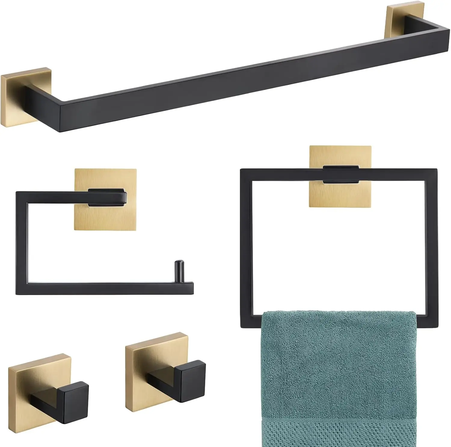 

5-Piece Black and Gold Towel Bar Set, 23.6-Inch Stainless Steel Bathroom Hardware with Concealed Screws