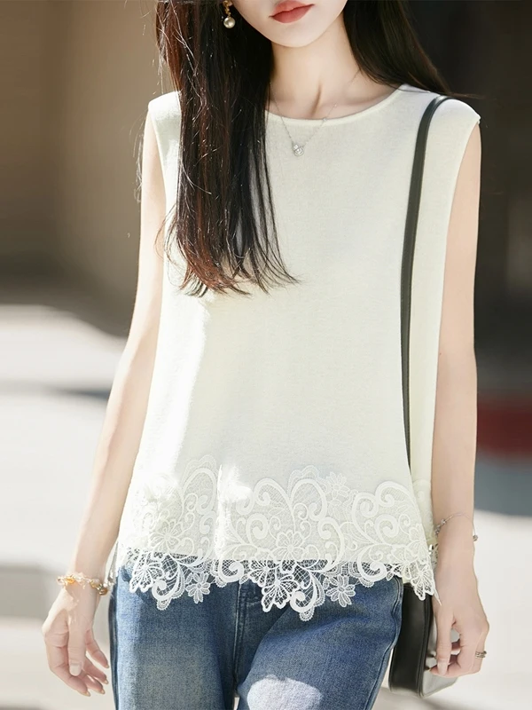 Summer Thin Ice Hemp Lace Splicing Sleeveless Vest Women Elegant Slimming Versatile High-End Feeling Top T-Shirt