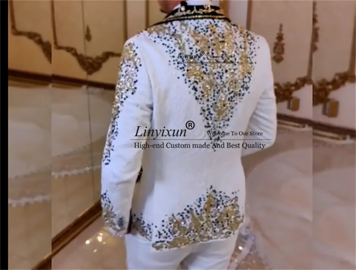 Luxury Beaded Jewelry Ornament Tuxedos Men Suits Appliques Customized trajes para hombre 3 Piece Sets Wedding Groom Party Blazer