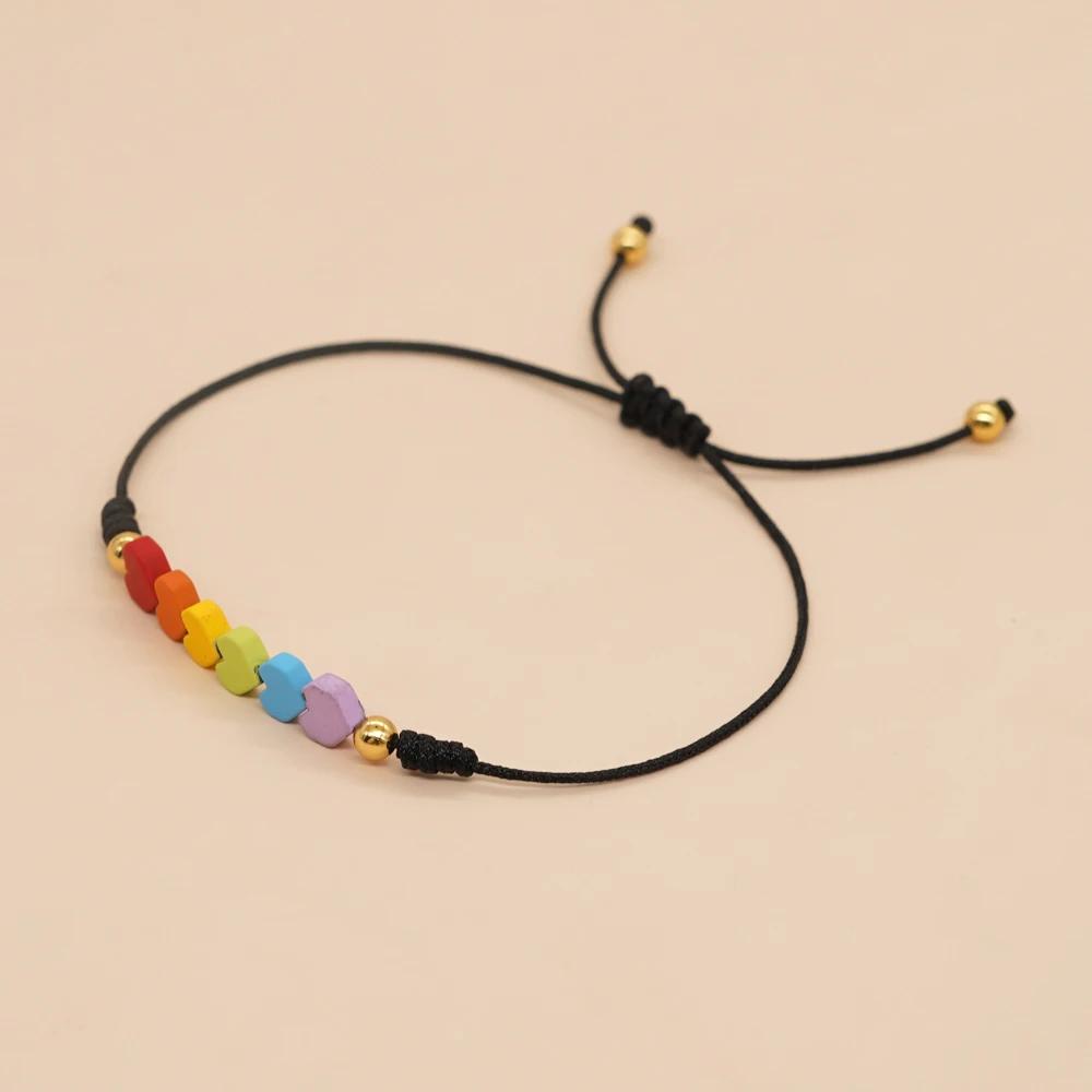 Go2boho Smart Bracelets Hematite Rainbow Color Beaded Heart Charm Bracelet For Women Friendship Jewelry Black Rope Jewellery