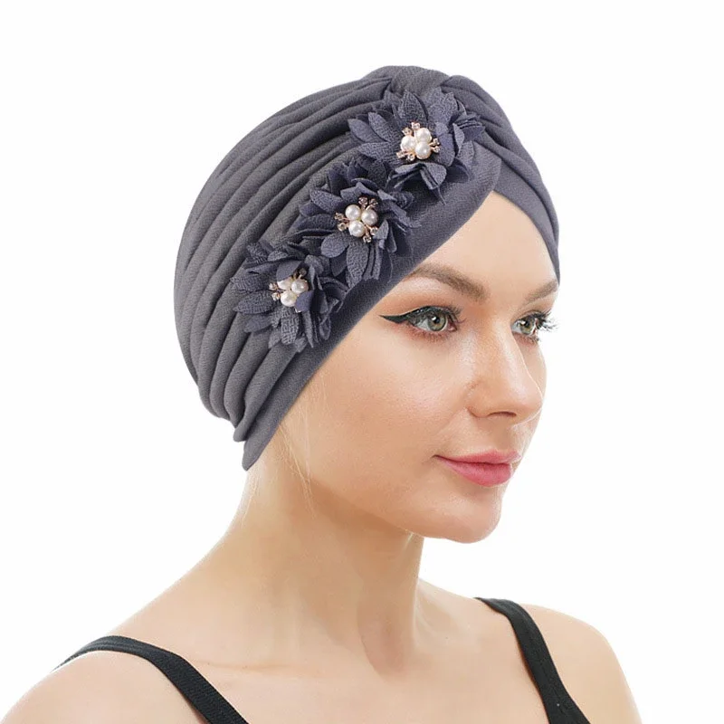 

Muslim Women Pleated Turban Inner Hijab Hat Flower Beads Chemo Cap Islamic Headscarf Twist Pearl Bonnet Hats Hair Loss Headwear