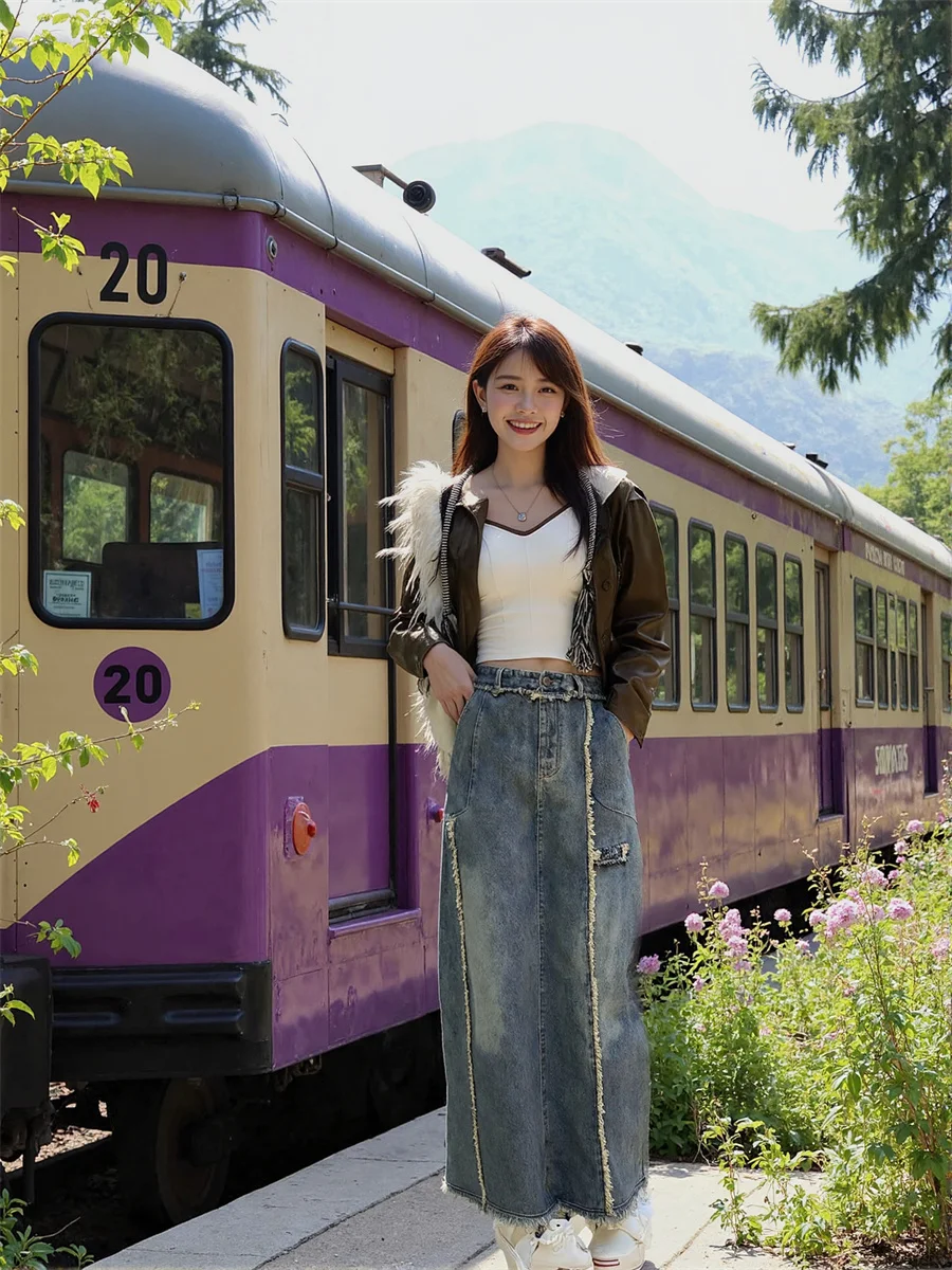 

Ankle length Denim Skirts Womens Velvet Patchwork High Flare Lightweight Artistic Modern Summer Unique Feminina Soft Layered