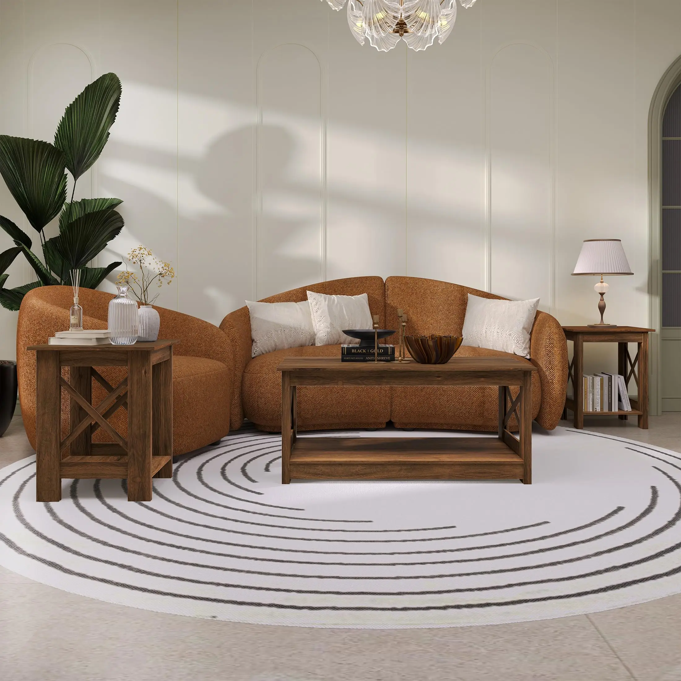 3-Piece Coffee Table Set Modern Transitional with X-Style Side Panels Open Shelf Design Solid & Engineered Wood Living Room