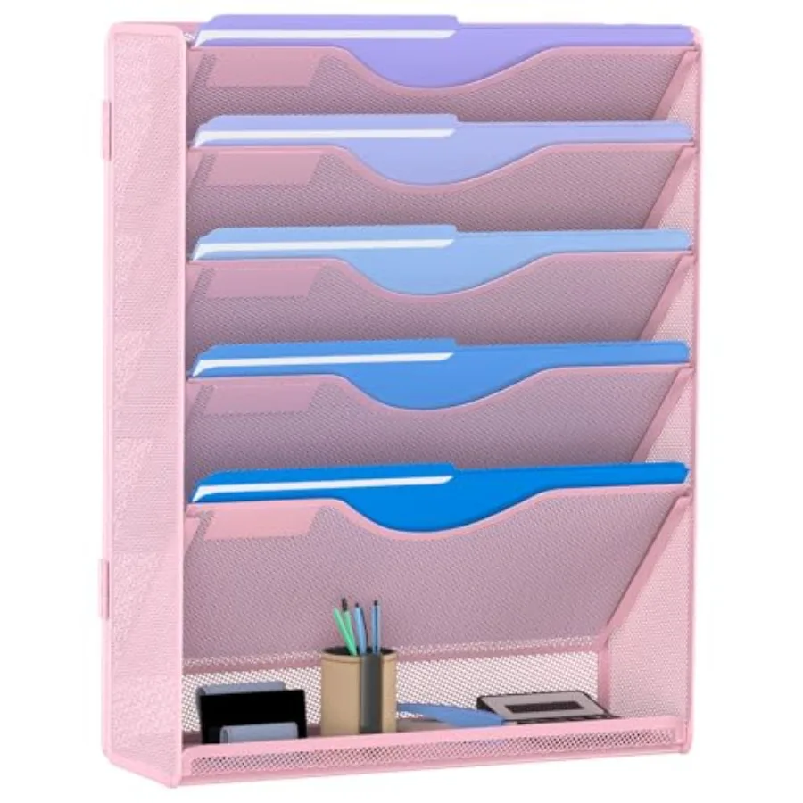 

6 Tier Hanging File Organizer Mesh Wall File Holder Paper Folder Rack with Bottom Flat Tray for Office Home Pink