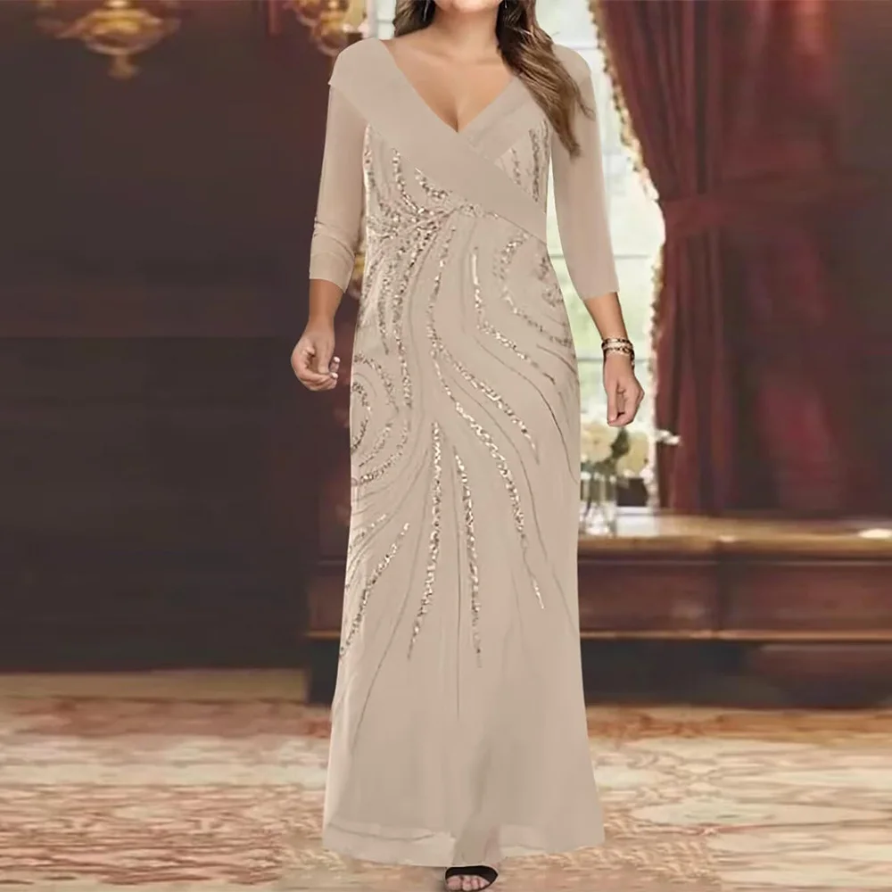 Maßgeschneiderte Perlen-Pailletten-Mutter der Braut-Kleider für Frauen mit Ärmeln, V-Ausschnitt, Chiffon, langes formelles Abend-Partykleid