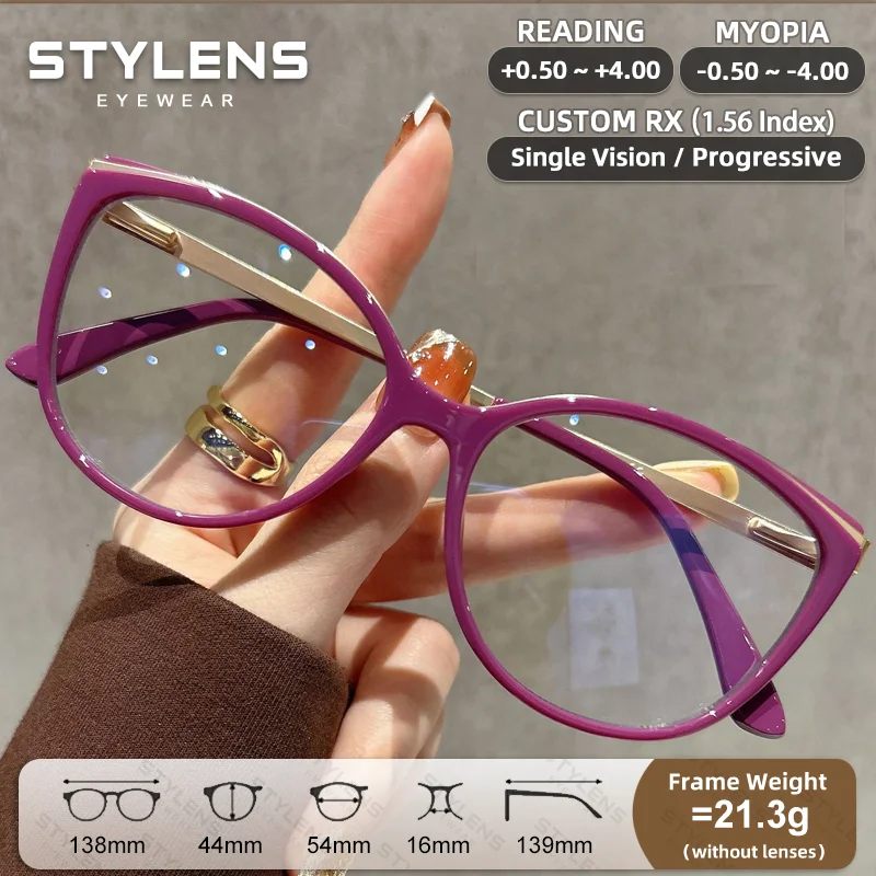 STYLENS Vintage Cat Eye Women Reading Glasses Anti Blue Light Myopia Prescription Optical Eyewear Customized Progressive Glasses