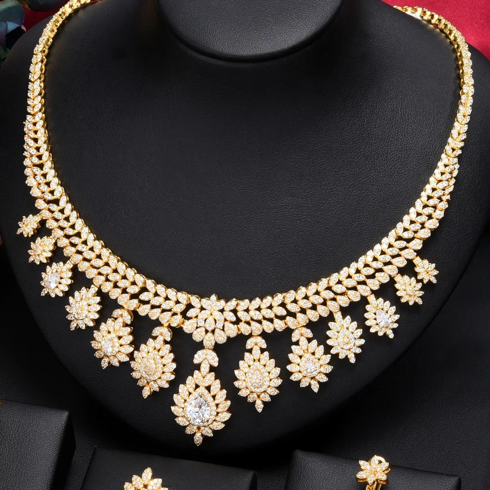 

Soramoore Leaf Charms 4Pcs Luxury Nigerian Jewelry Set For Women Wedding Cubic Zircon Dubai Bridal Necklace Earring Bangle Ring