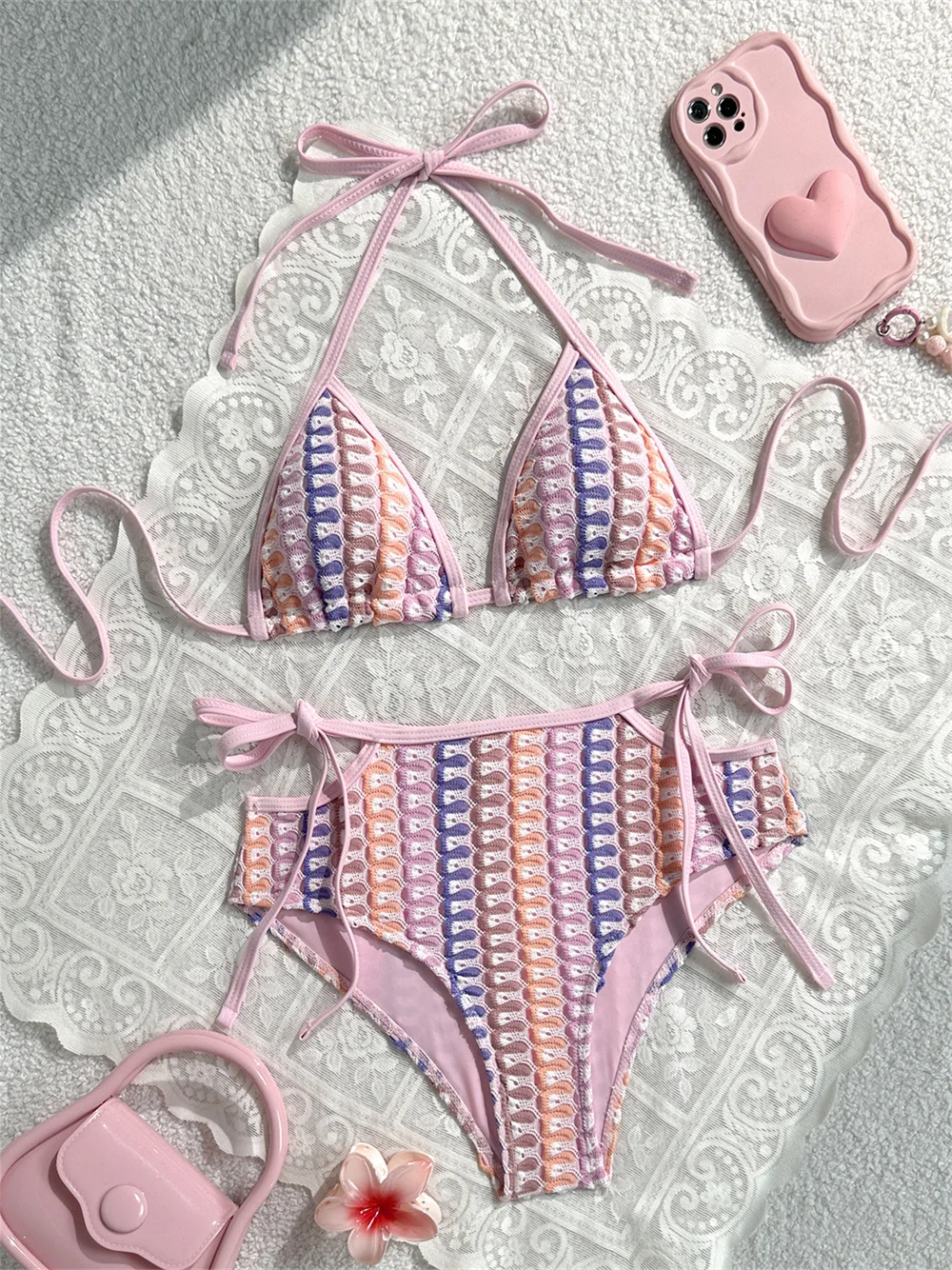 High Waist Crochet Lace Bikini Micro String Extreme Backless Swimsuit Kawaii Colorful Y2k Vacation Swimwear Hollow Beach Outfits