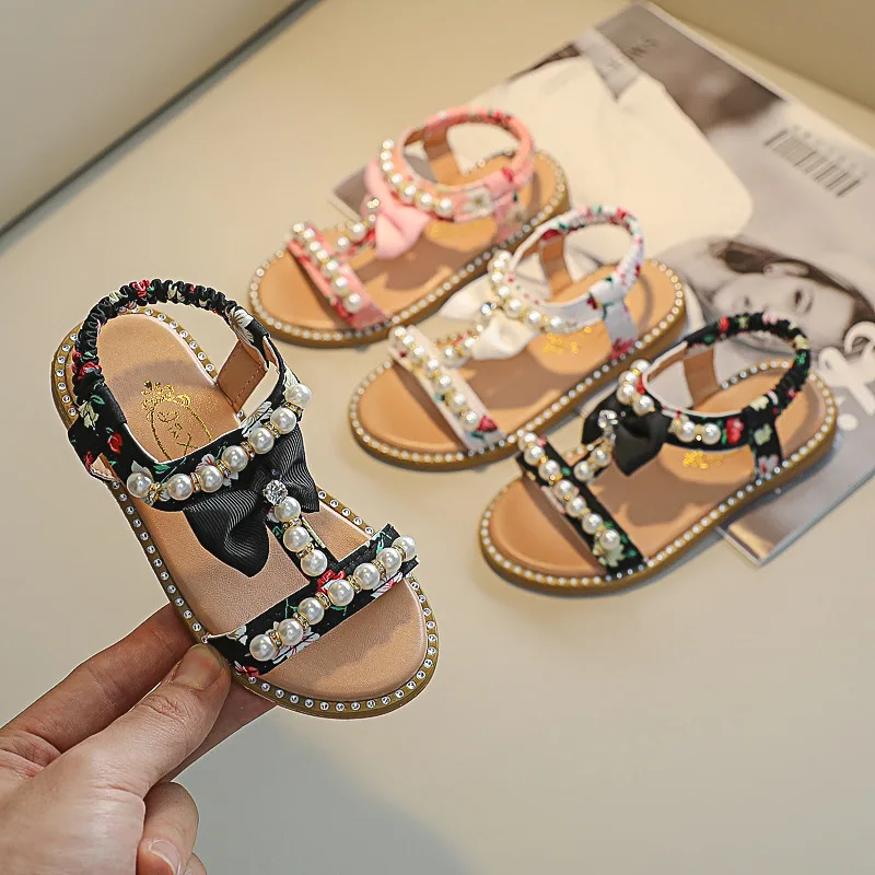 

sandalias New Girls Sandals 2023 Summer Korean Open Toe Princess Shoes Children Round Toe Soft Sole Anti Slip Pearl Sandals サンダル