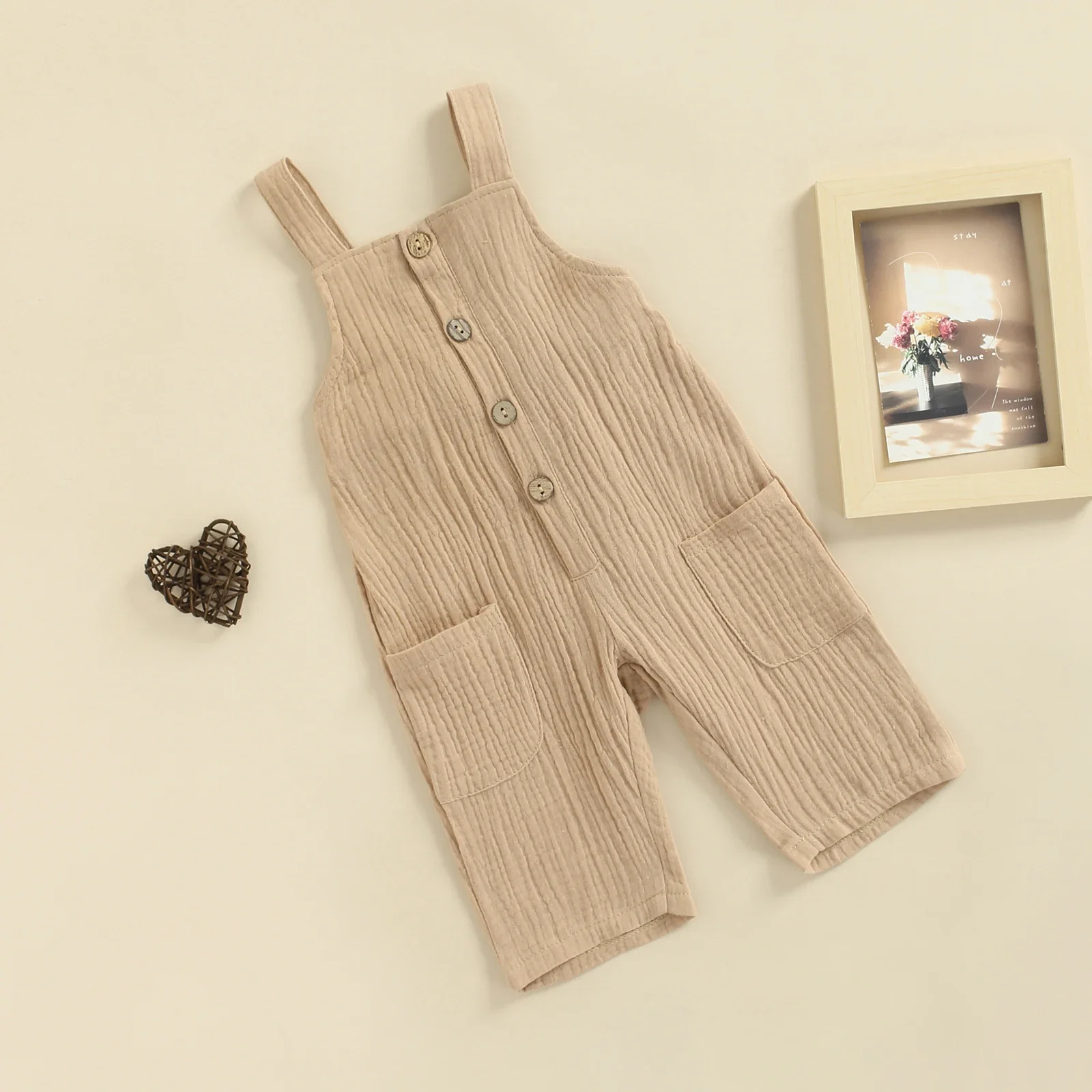 Baby Girls Boys Solid Color Jumpsuit, Sleeveless Square Collar Suspender Trousers