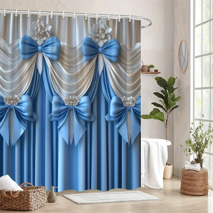 cortina-de-chuveiro-com-arcos-de-cetim-azul-opulento-enfeites-florais-cenario-creme-design-fluido-chuveiros-de-noiva-e-decoracao-de-moda