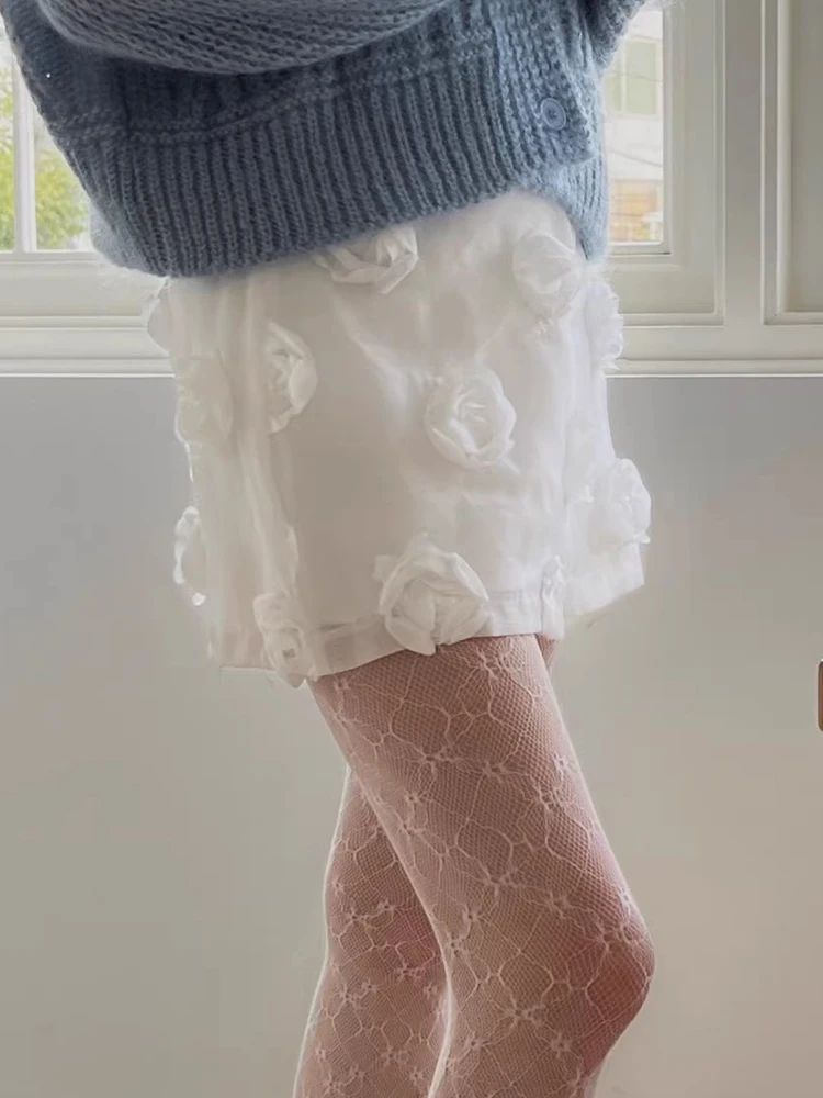 

Elegant Design 3D Flower Mini Skirt Women Korean Empire High Waist Elastic Lace Mesh Skirt Summer Vintage