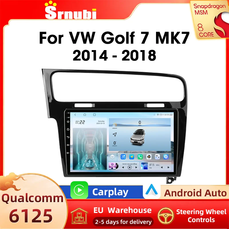 Autoradio Srnubi Bluetooth 5.0 Qualcomm 6125 avec écran tactile Carplay pour Volkswagen VW Golf 7 MK7 2014 - 2018, lecteur multimédia Android Auto, navigation GPS, ventilateur de refroidissement intégré, systèmes intelligents automobiles.