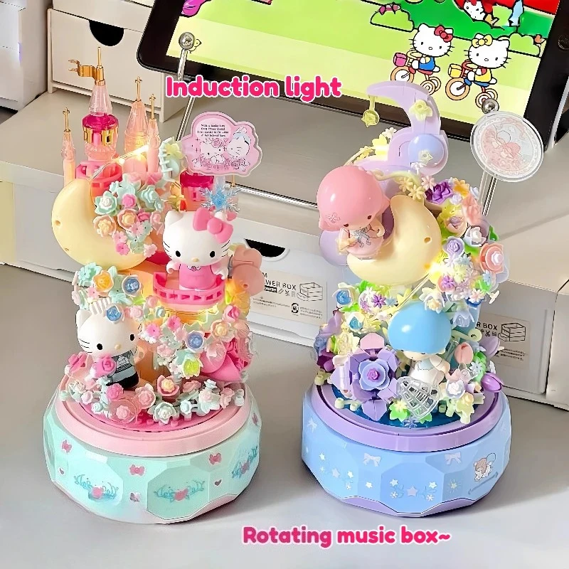 

Sanrio Series Building Block Luminous Music Box Cute Hellokitty Puzzle Assembly Gift Table Decoration Building Blocks