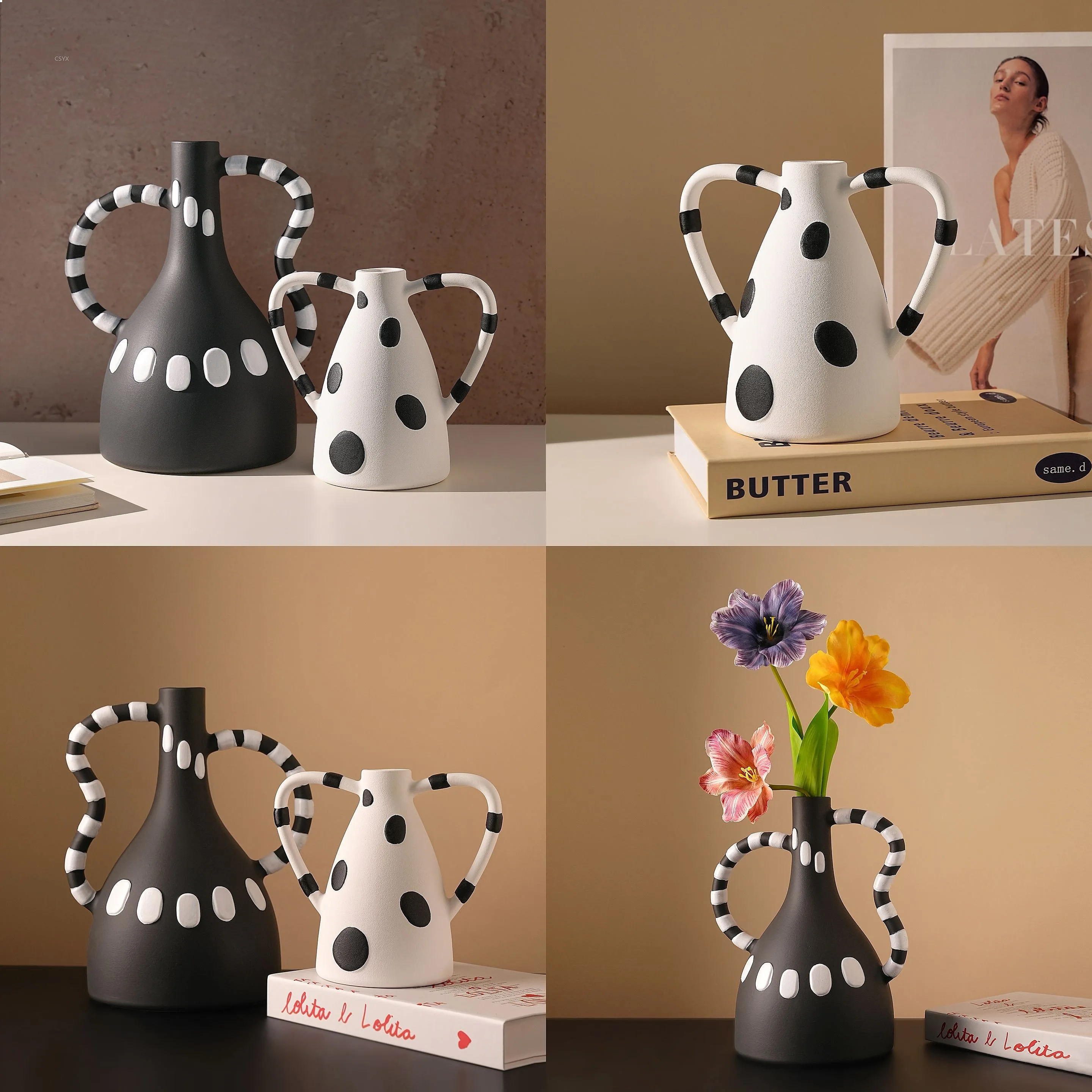 Modern Abstract Black White Polka Dot Vase Decorative Ornament for Living Room Shelf Hotel Home