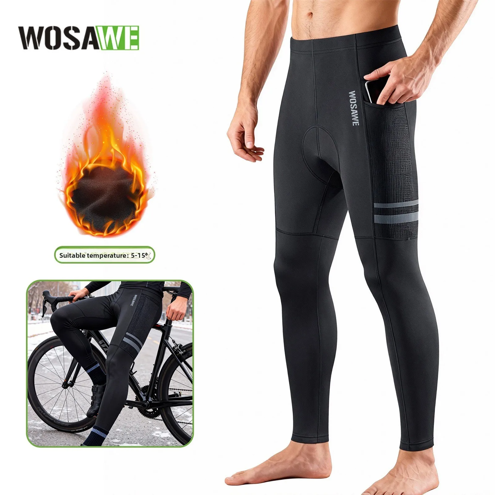WOSAWE Men Cycling Pants Winter Fleece Thermal Gel Pad Tights Mountain Bike Leggings Training Long Pants MTB Bicycle Trousers