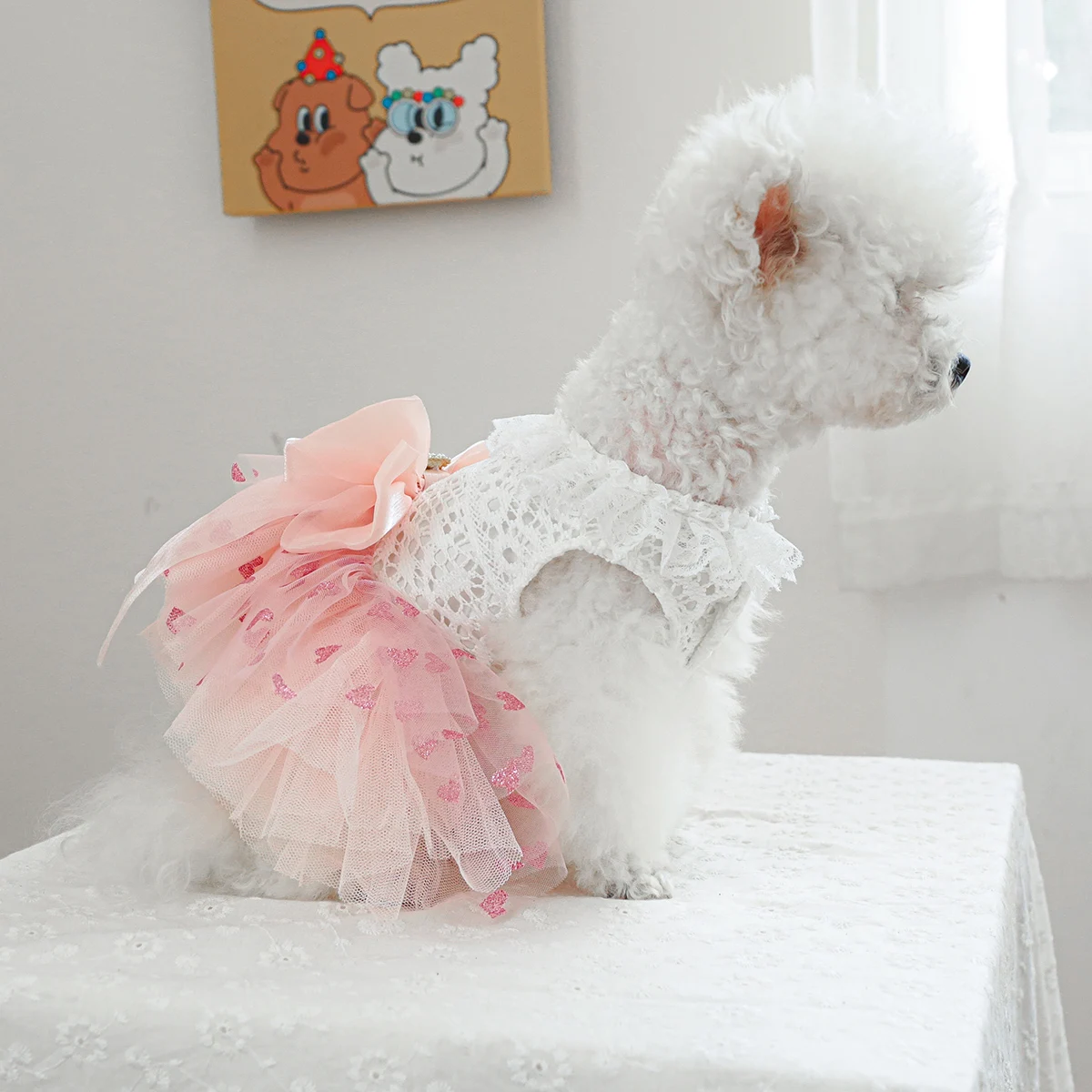 1PC Pet Clothes Spring and Autumn Pink Heart Fluffy Dress Wedding Dress Princess Dress Suitable for Small and Medium sized Dogs